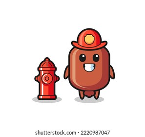 Mascot character of sausage as a firefighter , cute design