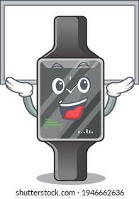 Mascot character of smart watch rise up a white board. Vector illustration