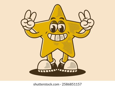 Mascot character of a standing star illustration with hands forming a peace symbol in retro colors