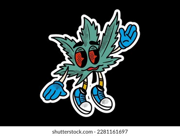 Mascot character sticker design of cannabis leaf with red eyes and stoned face