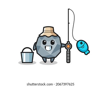 Mascot character of stone as a fisherman , cute style design for t shirt, sticker, logo element