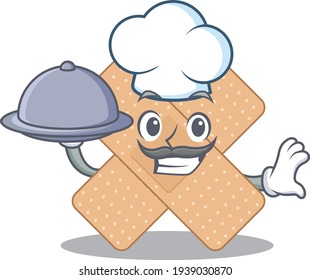 mascot character style of cross bandage chef serving dinner on tray. Vector illustration