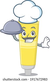 mascot character style of hair dye chef serving dinner on tray. Vector illustration