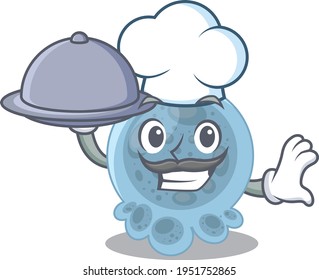 mascot character style of pasteurella chef serving dinner on tray. Vector illustration
