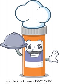 mascot character style of pills drug bottle chef serving dinner on tray. Vector illustration