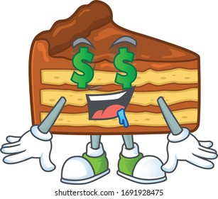 mascot character style of rich chocolate slice cake with money eyes