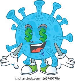 mascot character style of rich coronavirus backteria with money eyes