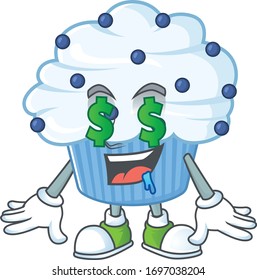 mascot character style of rich vanilla blue cupcake with money eyes