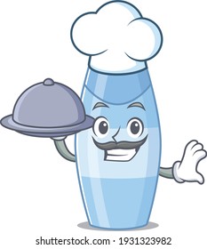 el shampoo chef, con carácter de mascota, sirve cenas en la bandeja. Ilustración del vector
