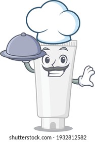 mascot character style of shower gel chef serving dinner on tray. Vector illustration
