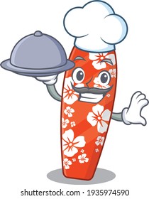 el chef de tablas de surf, con un estilo de mascota, sirve la cena en la bandeja. Ilustración del vector