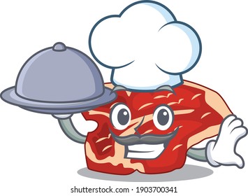mascot character style of T-bone chef serving dinner on tray. Vector illustration