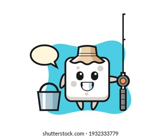 Mascot character of sugar cube as a fisherman