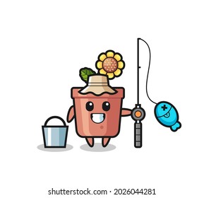 Mascot character of sunflower pot as a fisherman , cute style design for t shirt, sticker, logo element