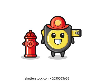 Mascot character of tape measure as a firefighter , cute design