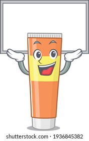 Mascot character of toothpaste rise up a white board. Vector illustration