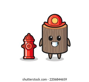 Mascot character of tree stump as a firefighter , cute design