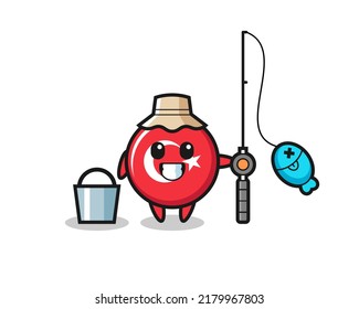 Mascot character of turkey flag badge as a fisherman , cute style design for t shirt, sticker, logo element