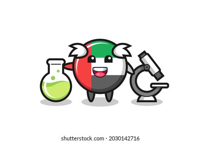 Carácter mascota de la placa de la bandera de ee.uae como científico, diseño de estilo lindo para camiseta, pegatina, elemento logo