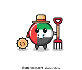 Carácter mascota de la insignia de la bandera de ee.uae como agricultor, diseño de estilo lindo para camiseta, pegatina, elemento logo