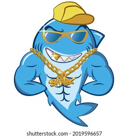 mascot character vector of bodybuilder shark with blink-blink hip-hop style accessories