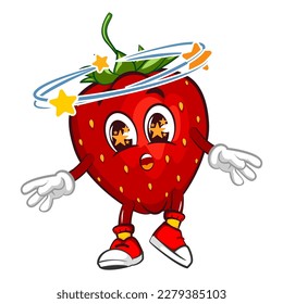 mascot character vector illustration of drunk and dizzy strawberry with dizzy eyes