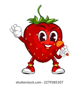 mascot character vector illustration of a singing strawberry with a mic