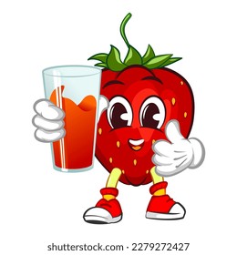 mascot character vector illustration of a strawberry offering a fresh juice drink