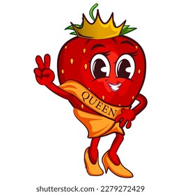 mascot character vector illustration of a strawberry queen with her crown