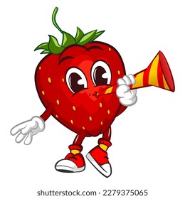 mascot character vector illustration of a strawberry blowing a party trumpet