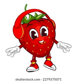 mascot character vector illustration of a strawberry listening to a headset