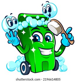 mascot character vector illustration of a trash bin cleaned with bubbles holding a cleaning brush