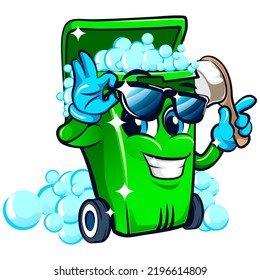 mascot character vector illustration of a trash bin cleaned with bubbles holding a cleaning brush and wearing sunglasses
