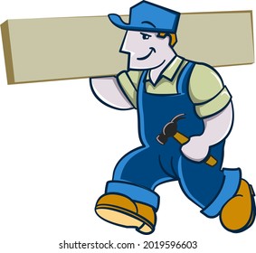 mascot character vector of a versatile handyman carrying a wooden board with a hammer