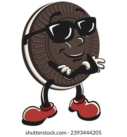 mascot, character, vintage cute sweet cream sandwich biscuit standing calm stylishly with sunglasses, illustration, vector, isolated cartoon, emoticon, vintage mascot of cute sweet cream sandwich bisc