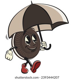 Maskottchen, Charakter, vintage süße Sahne-Sandwich-Keks mit Regenschirm, Illustration, Vektorgrafik, einzelne Cartoon, Emoticon, Vintage-Maskottchen süße Sahne-Brot Kekse