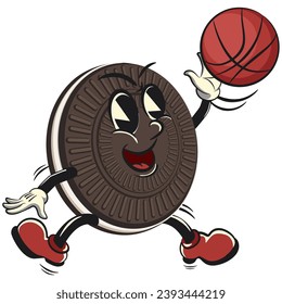 mascot, character, vintage cute sweet cream sandwich biscuit jumping and throwing basketball, illustration, vector, isolated cartoon, emoticon, vintage mascot cute sweet cream sandwich biscuit
