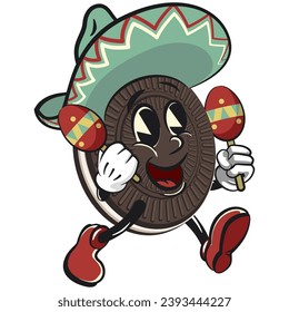 mascot, character, vintage cute sweet cream sandwich biscuit in sombrero hat and playing maracas, illustration, vector, isolated cartoon, emoticon, vintage mascot of cute sweet cream sandwich biscuit