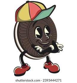 mascot, character, vintage cute sweet cream sandwich biscuit wearing hat with style, illustration, vector, isolated cartoon, emoticon, mascot vintage cute sweet cream sandwich biscuit