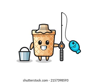 Mascot character of waffle cone as a fisherman , cute design