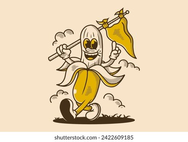 Mascot character of walking banana holding a triangle flag