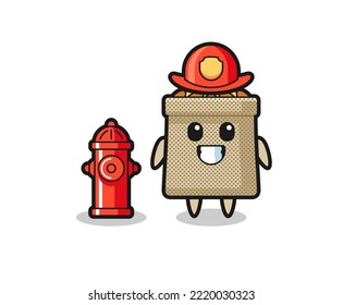 Mascot character of wheat sack as a firefighter , cute design