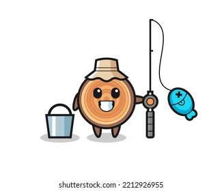 Mascot character of wood grain as a fisherman , cute design