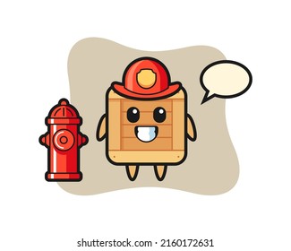 Mascot character of wooden box as a firefighter , cute style design for t shirt, sticker, logo element