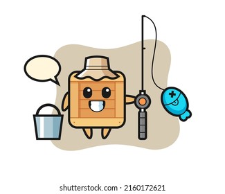 Mascot character of wooden box as a fisherman , cute style design for t shirt, sticker, logo element