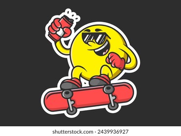 Mascot character of yellow ball head jumping on the skateboard. Holding a beer can