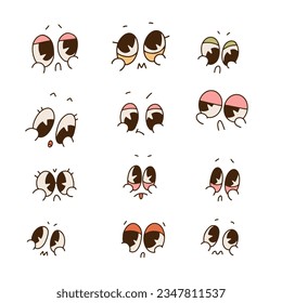 Mascot characters face parts set in retro 30s cartoon style. Cute faces of 50s, 60s old animation style. Sad, angry, negative emotions. Funny muzzle with big cheeks, eyes, mouth. Vector illustration.