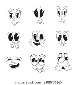 Mascot characters set vector in retro 30s cartoon style. Cute, funny faces, as examples of 50s, 60s old animation style. Crazy mems of eyes and mouths. Sad, angry emotions.