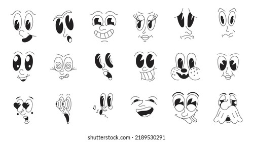 Mascot Characters Set Vector In Retro 30s Cartoon Style. Cute, Funny Faces, As Examples Of 50s, 60s Old Animation Style. Crazy Mems Of Eyes And Mouths. Sad, Angry Emotions.