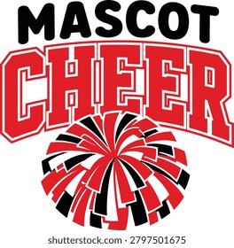 Mascot Cheer Typography Design With Red Varsity Letters And Pom Pom School Spirit Theme
